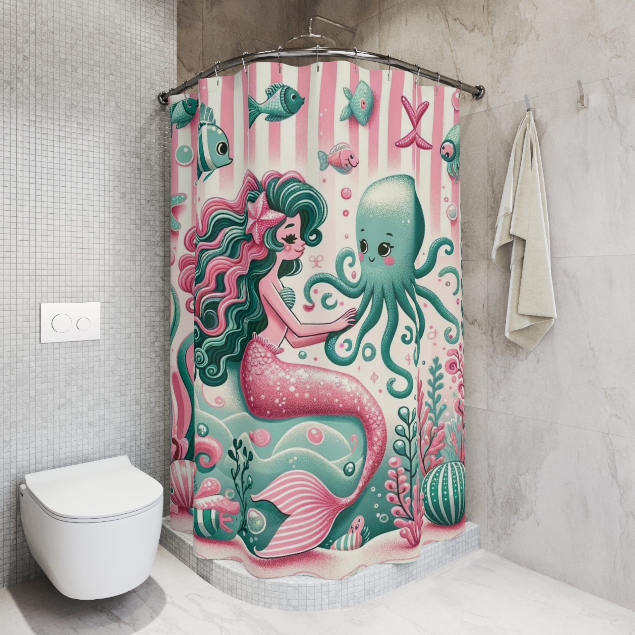 Vintage Mermaid Kitschy 50s Style, Pink, Mint Mid Century Modern Shower Curtains - Mid Century Modern Gal