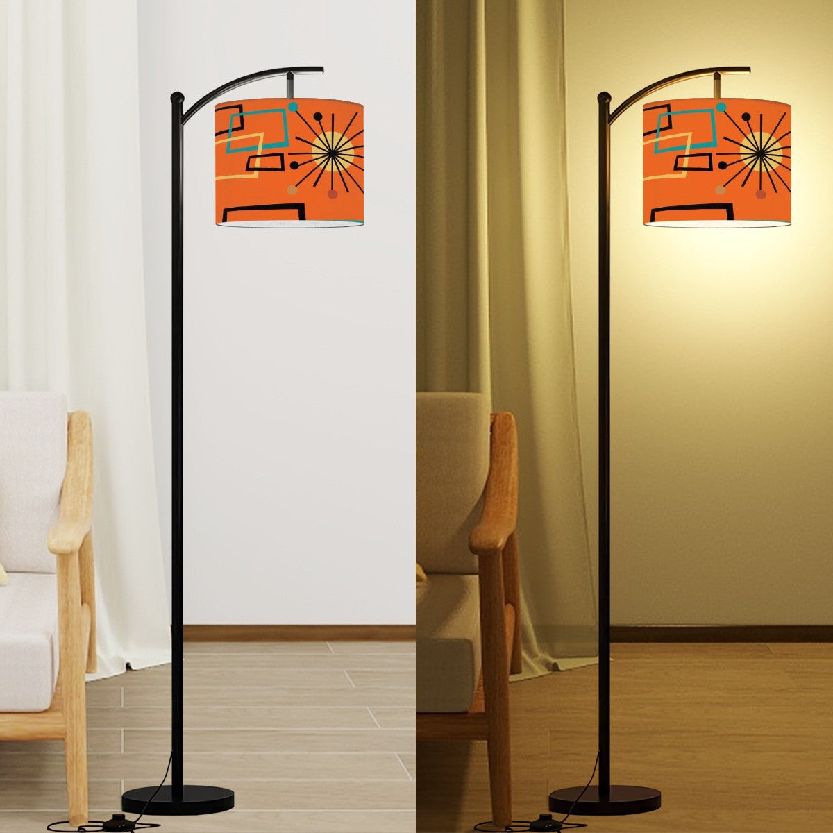 Mid Century Modern Sinatra Orange, Starburst, Geometric Funky Fun Arc Floor Lamp - Mid Century Modern Gal