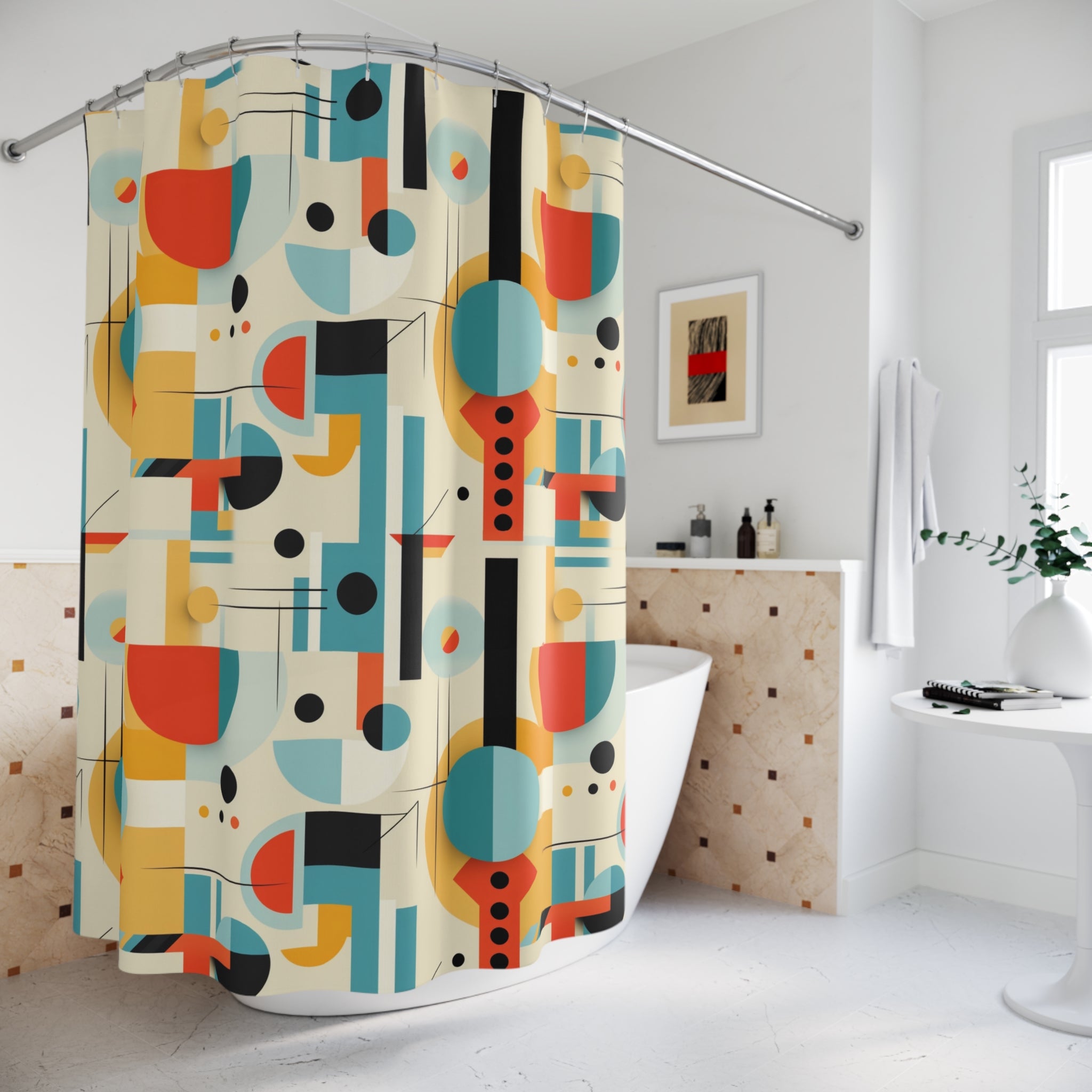 Mid Century Modern Bauhaus Style, Orange, Teal, Aqua Geometric Designed Shower Curtain - Mid Century Modern Gal