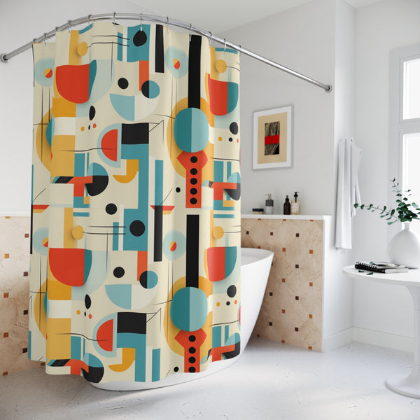 Mid Century Modern Bauhaus Style, Orange, Teal, Aqua Geometric Designed Shower Curtain