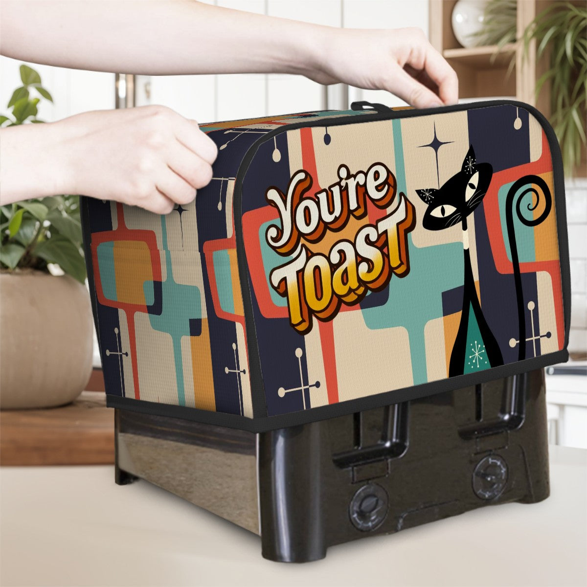 Quirky Cute Atomic Cat Mid Century Modern Kitchen Toast Cover 2 Slice Toaster Cover - Mid Century Modern Gal