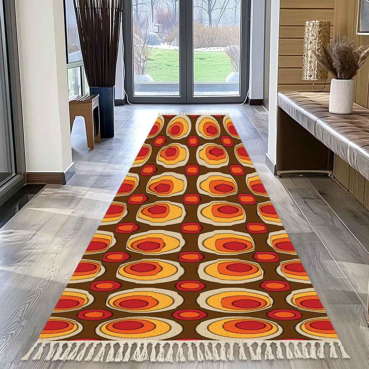 Mid Century Modern Groovy 70s Space Orbs, Brown Orange Yellow Rug Runner With Tassels - Mid Century Modern Gal