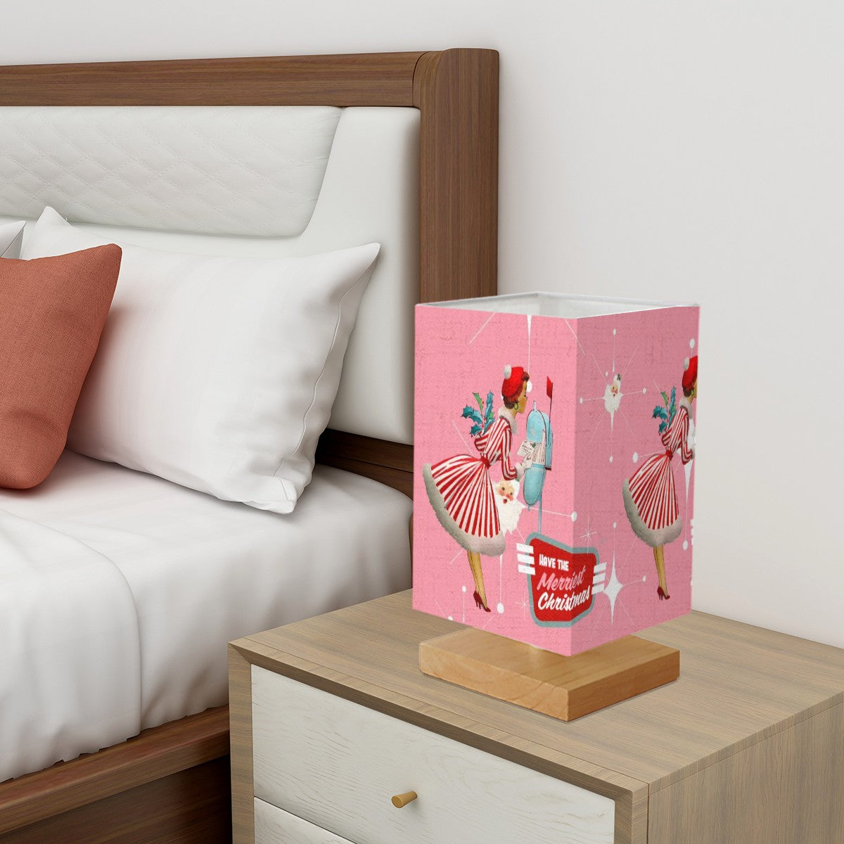 50s Holiday Kitsch Mid Century Modern Christmas Pink Mod Gal Square Table Lamp - Mid Century Modern Gal