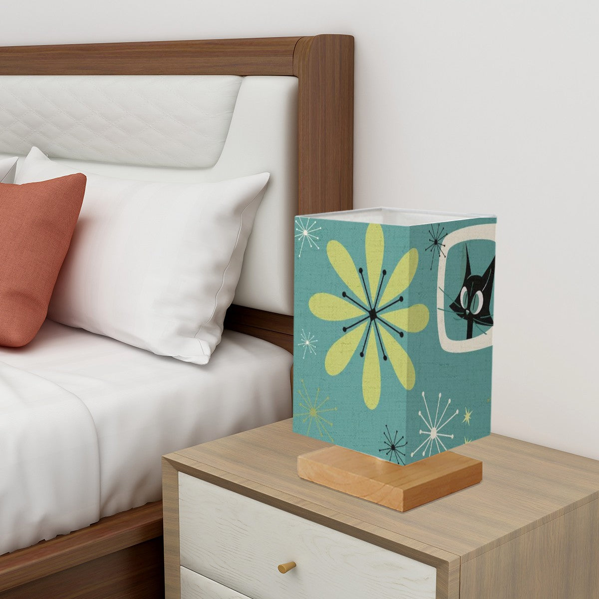 Atomic Space Cat Teal Green Mid Century Modern Square Table Lamp - Mid Century Modern Gal