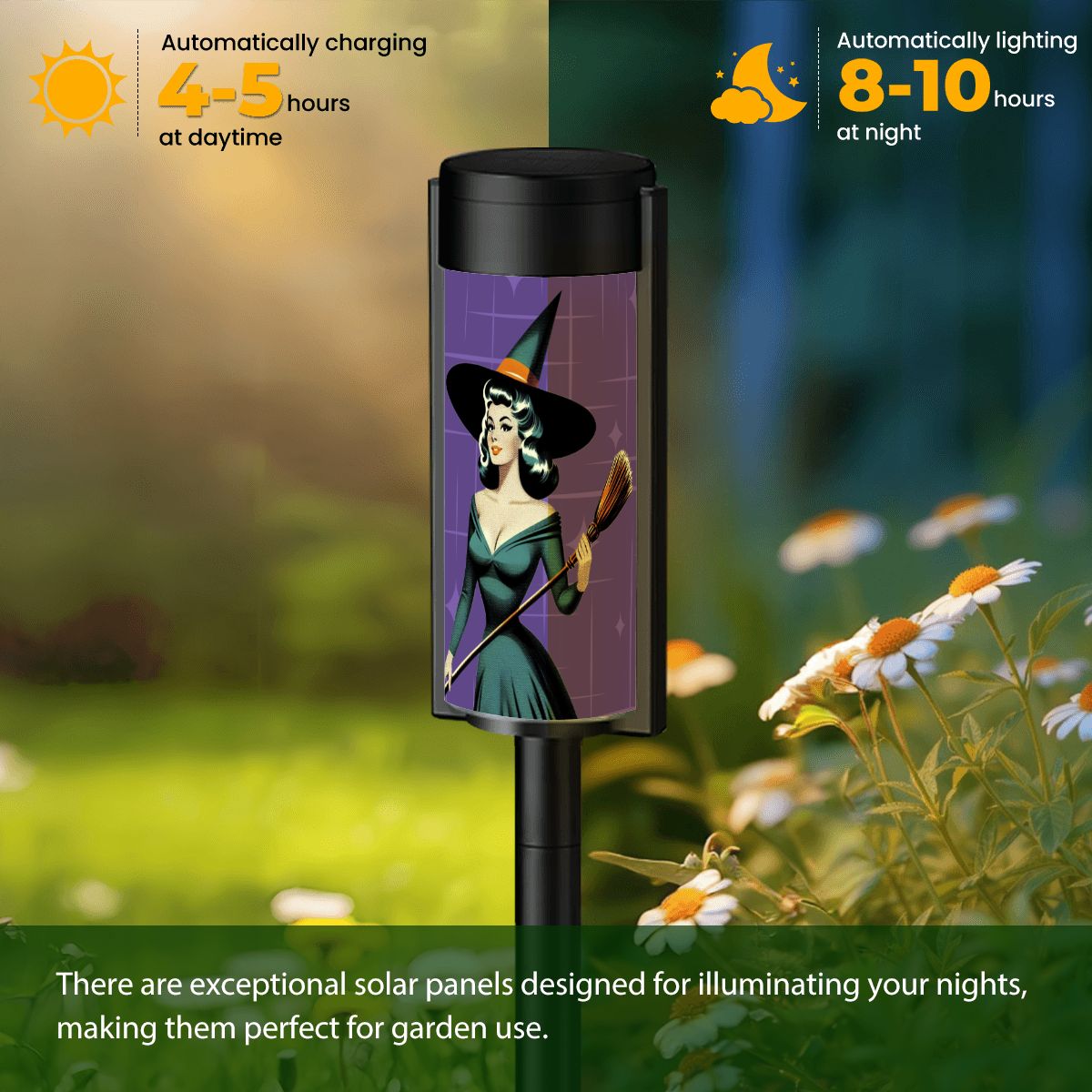 Mid Century Modern Vintage Pin Up Witch Halloween Purple Teal Outdoor Solar Lights - Mid Century Modern Gal