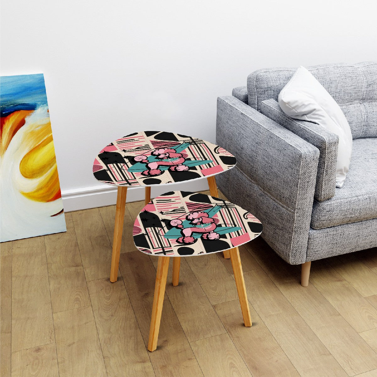 Mid Century Modern Nesting Tables, 50s Poodle, Black Pink Aqua Boomerang Cocktail Side Tables - Mid Century Modern Gal