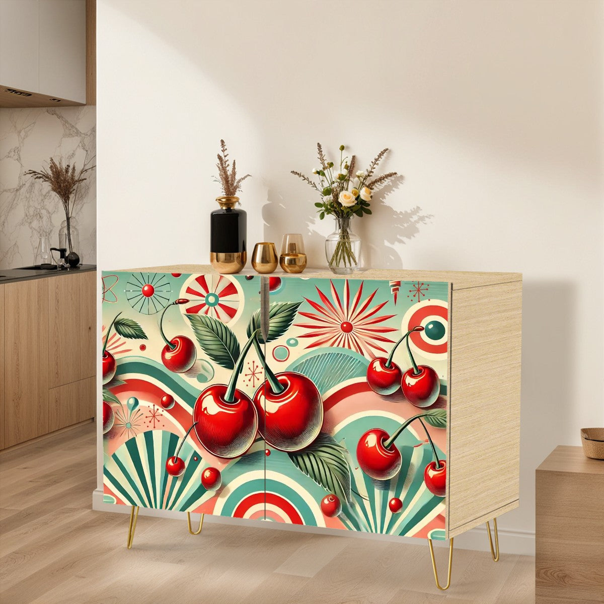 Mid Century Modern Cherry Vibes, Bar Cart, 50s Kitchen Wooden Storage Cabinet - Mid Century Modern Gal