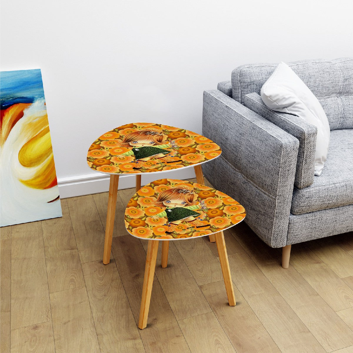 Retro 70s Vintage Big Eyed Girl, Marigolds Flower Power Nesting Tables - Mid Century Modern Gal
