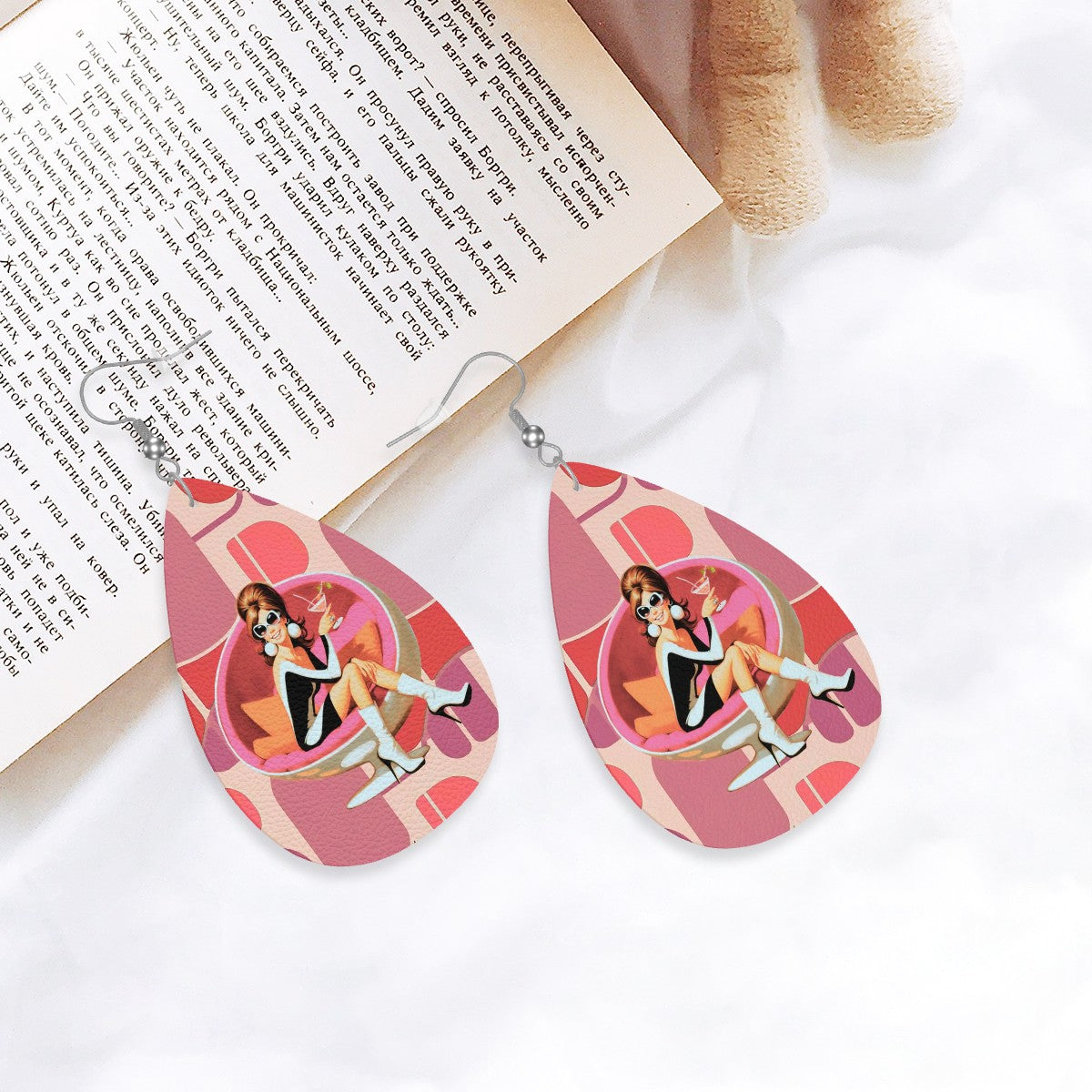 Mod 60s Gal Atomic Cocktail Hour, Pink Retro Faux Leather Teardrop Earrings - Mid Century Modern Gal