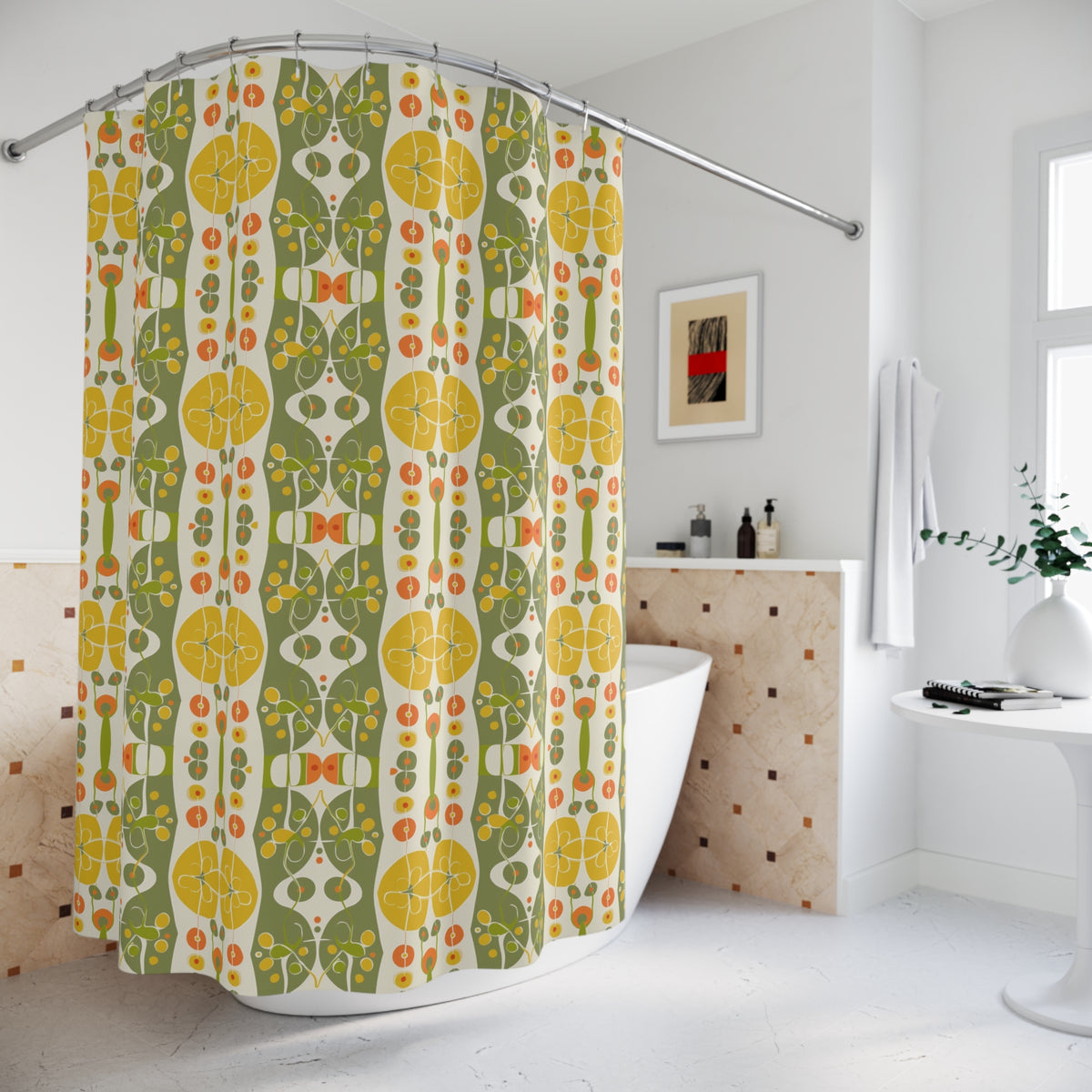 Summer Citrus Green, Yellow, Mid Mod Bathroom Shower Curtain - Mid Century Modern Gal