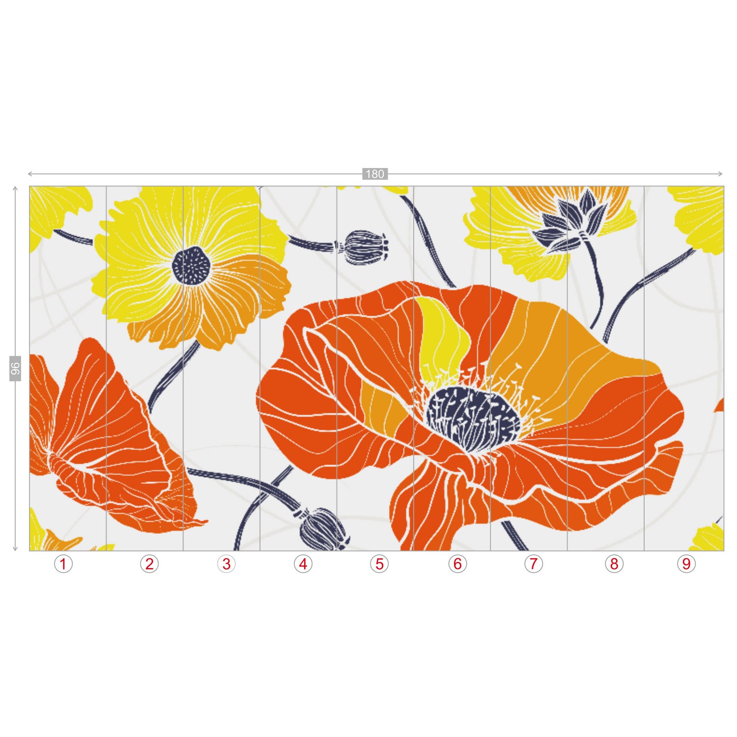 Vintage Poppy Orange Yellow Retro Florals, Mid Century Modern Wall Murals - Mid Century Modern Gal