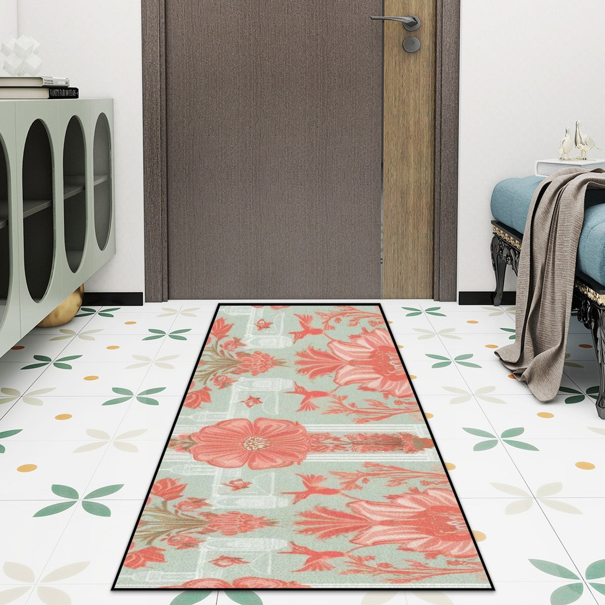 Chinoiserie Cheerful Floral Elegant Kitchen Area Rug for Floor Non-Slip Washable - Mid Century Modern Gal