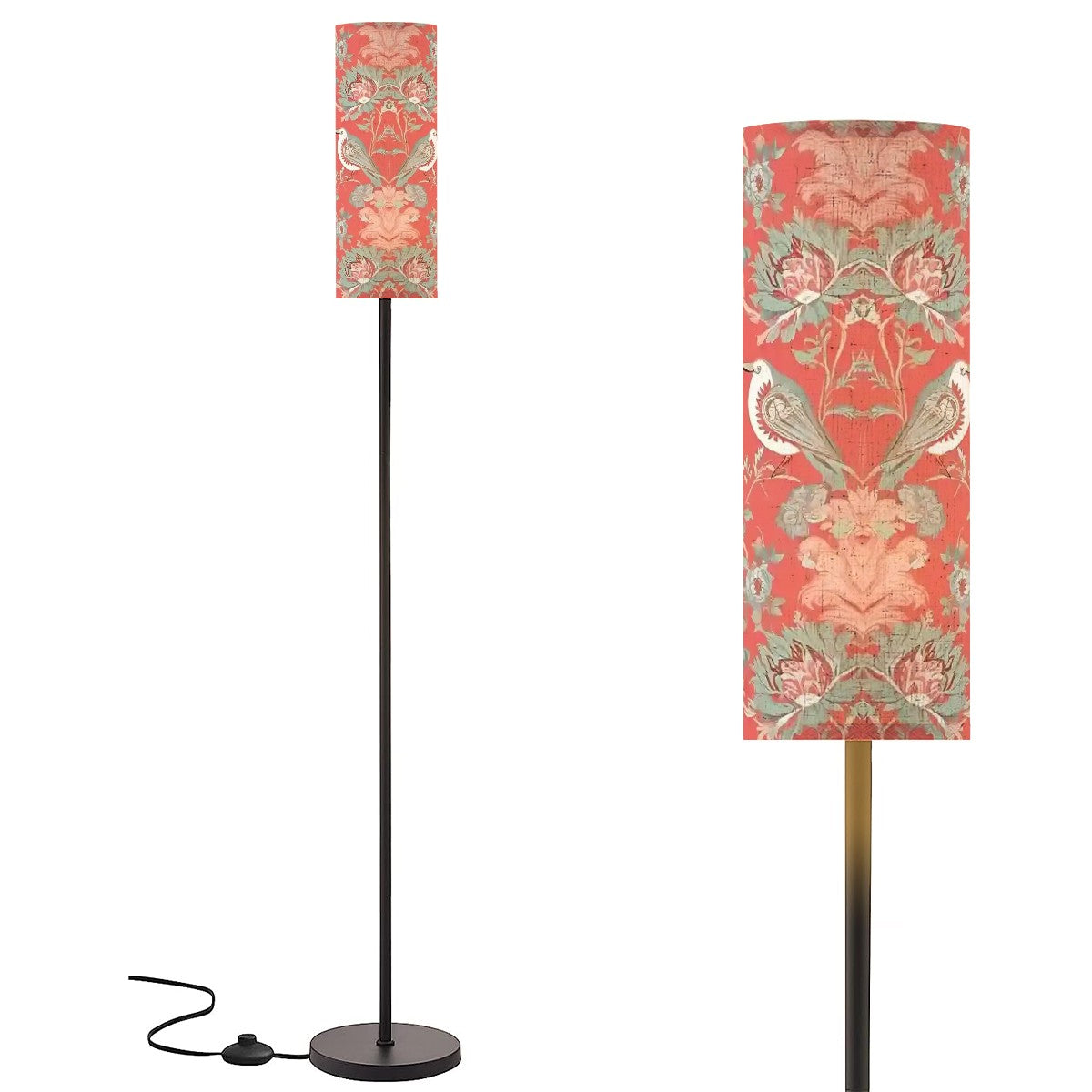 Chinoiserie Floral Botanicals, Coral Green Elegant Slim Modern Floor Lamp - Mid Century Modern Gal
