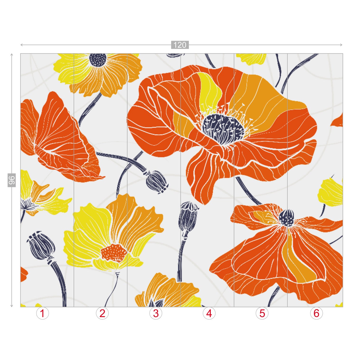 Vintage Poppy Orange Yellow Retro Florals, Mid Century Modern Wall Murals - Mid Century Modern Gal