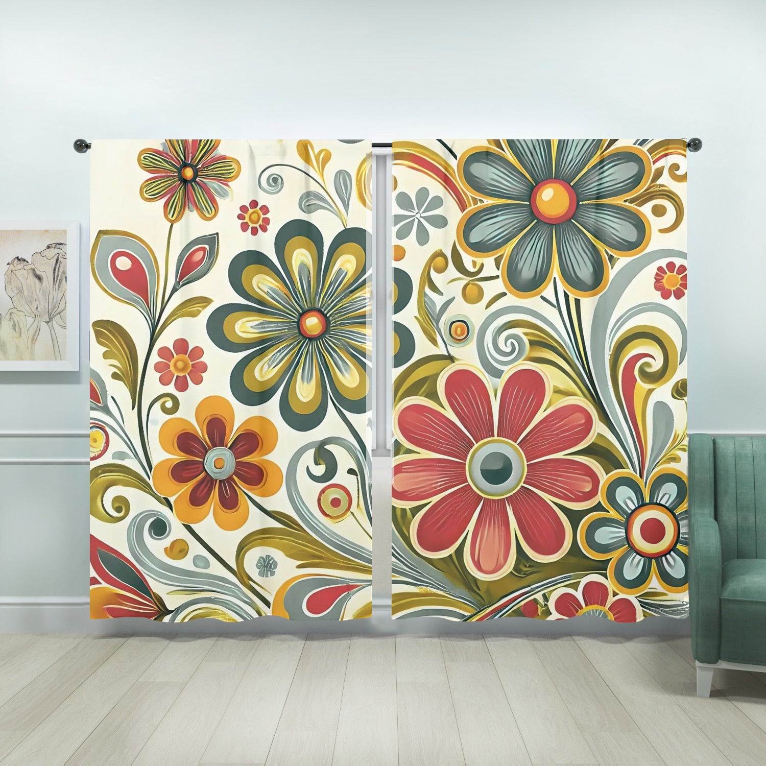 Retro Floral Mid Mod Colorful Funky Fun Window Curtains (two panels) - Mid Century Modern Gal