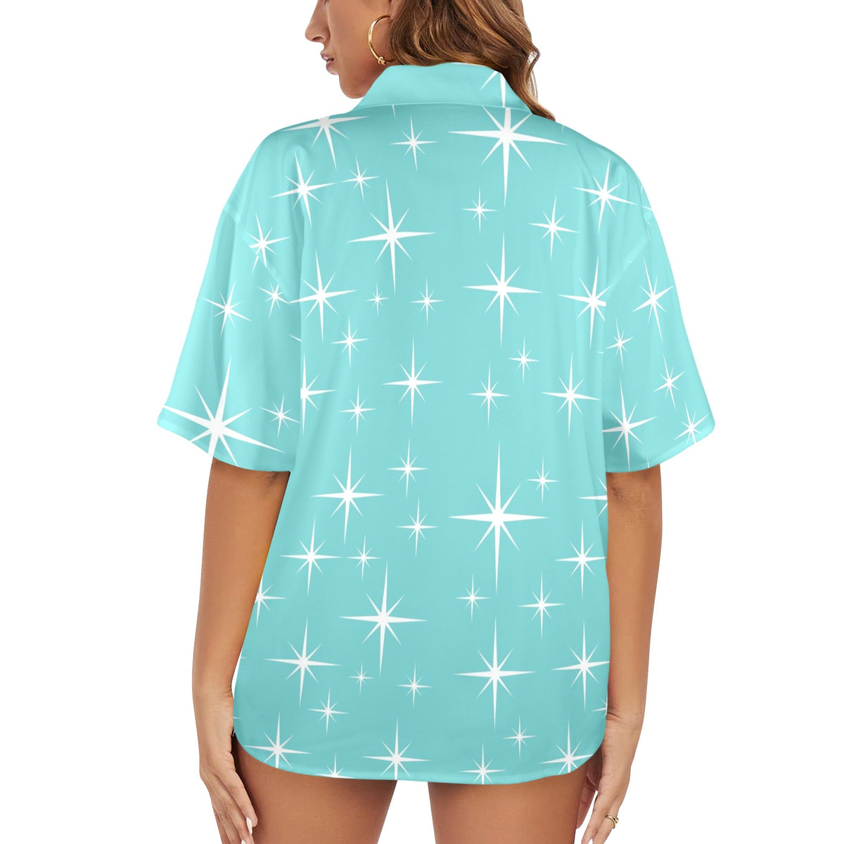 Mid Mod Atomic Aqua Starburt Summer Vibe Women's Hawaiin Shirt - Mid Century Modern Gal