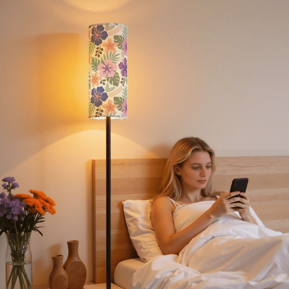 Retro Tropical Tiki Summer, Hawaiian Hibiscus Purple Slim Floor Lamp - Mid Century Modern Gal