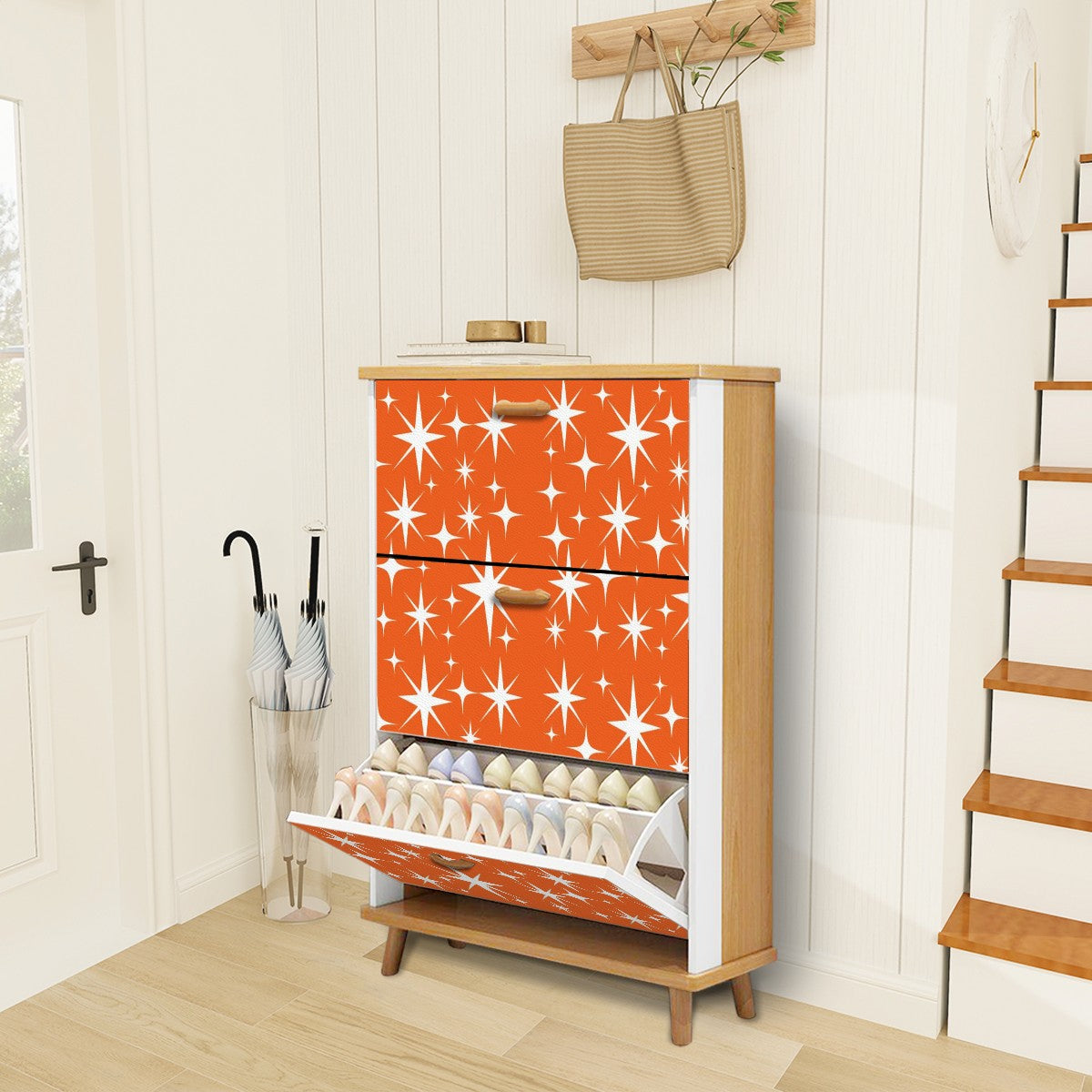 Atomic Starbursts Mid Century Modern Orange Retro Shoe Cabinet - Mid Century Modern Gal