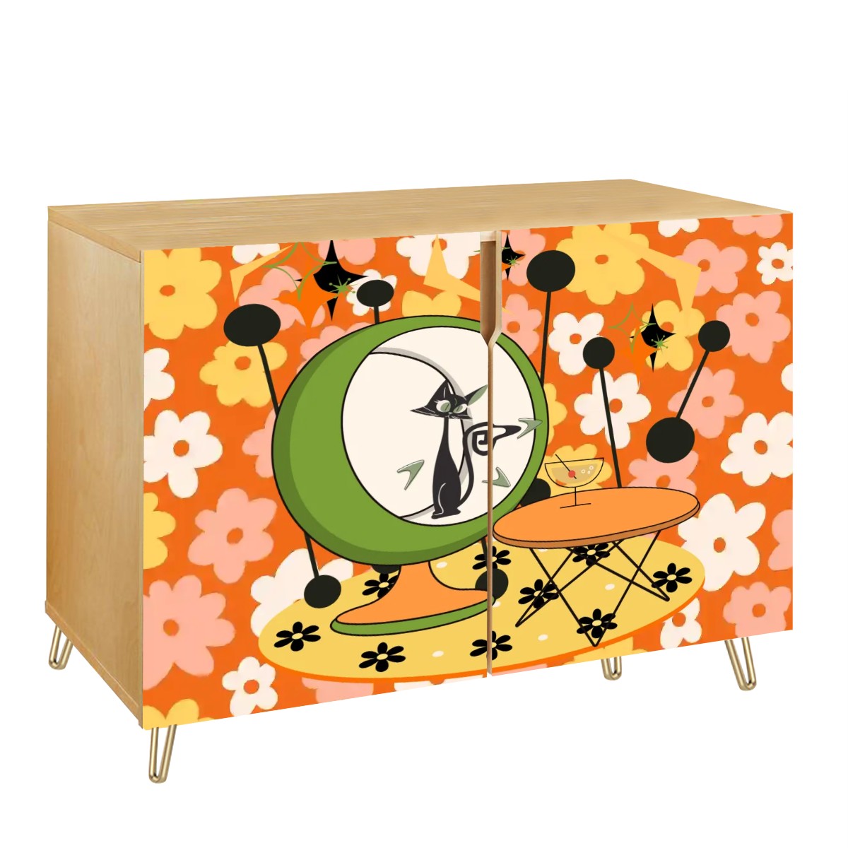 Atomic Groovy Cat, Orange White Mod Floral Kitschy Quirky Mid Century Modern Storage Organization Cabinet - Mid Century Modern Gal