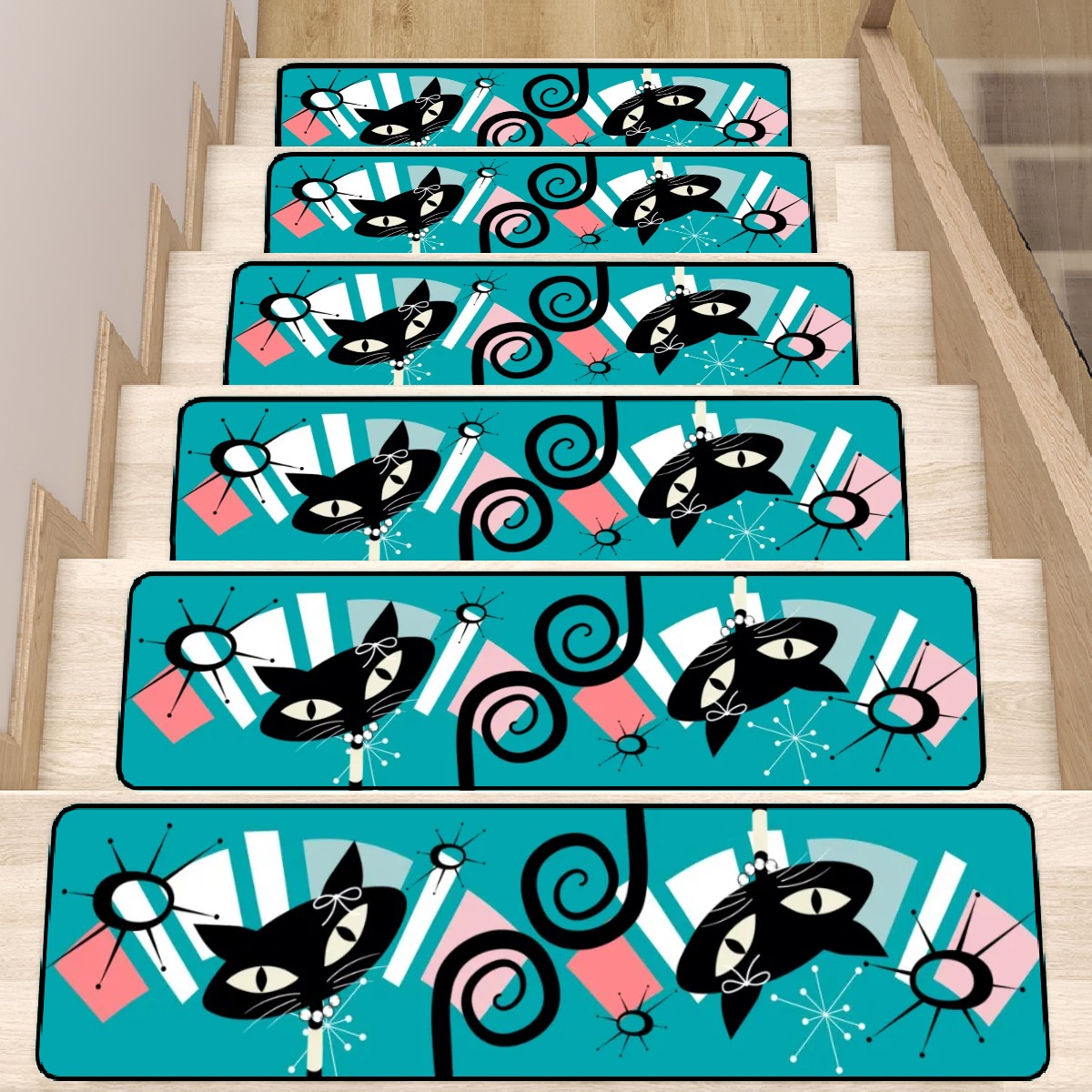 Atomic Cat Teal Coral Funky Quirky Kitschy Mod Non Slip Carpet for Stairs Treads - Mid Century Modern Gal