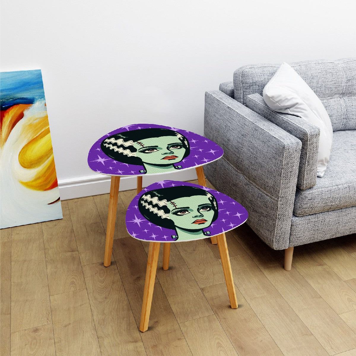 Bride of Frankenstein Retro Mid Mod Horror Buff Purple Halloween Nesting Tables - Mid Century Modern Gal