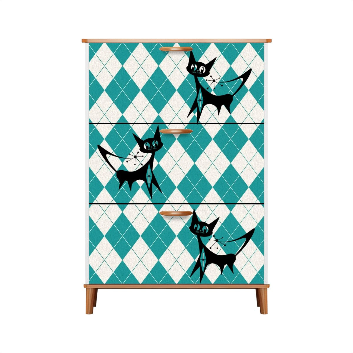 Retro Mid Century Modern Atomic Kitschy Cats, Argyle Pattern Mod Shoe Cabinet - Mid Century Modern Gal