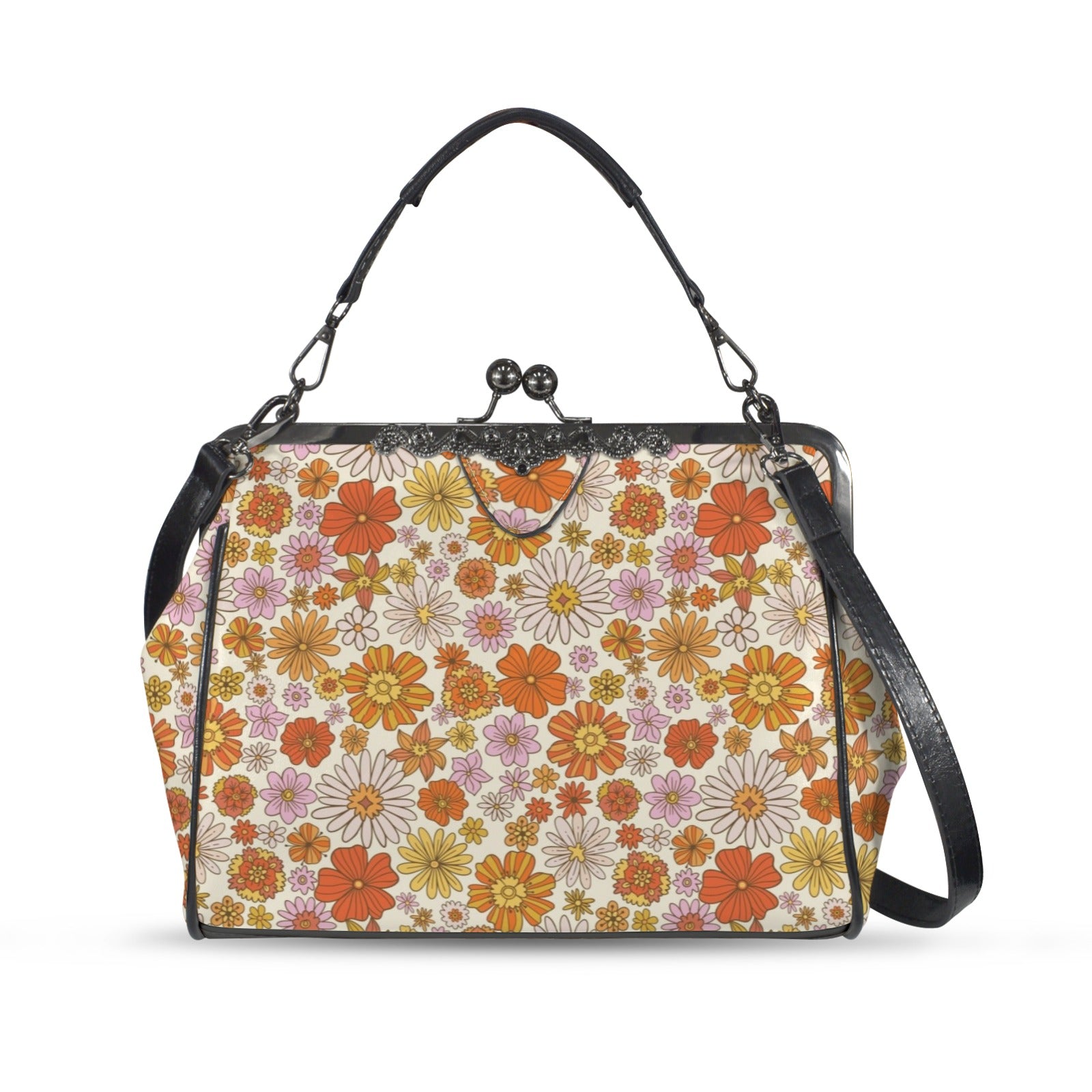 Groovy 60s Flower Power Orange Pink Yellow Floral Mid Century Modern Kisslock Crossbody Purse - Mid Century Modern Gal