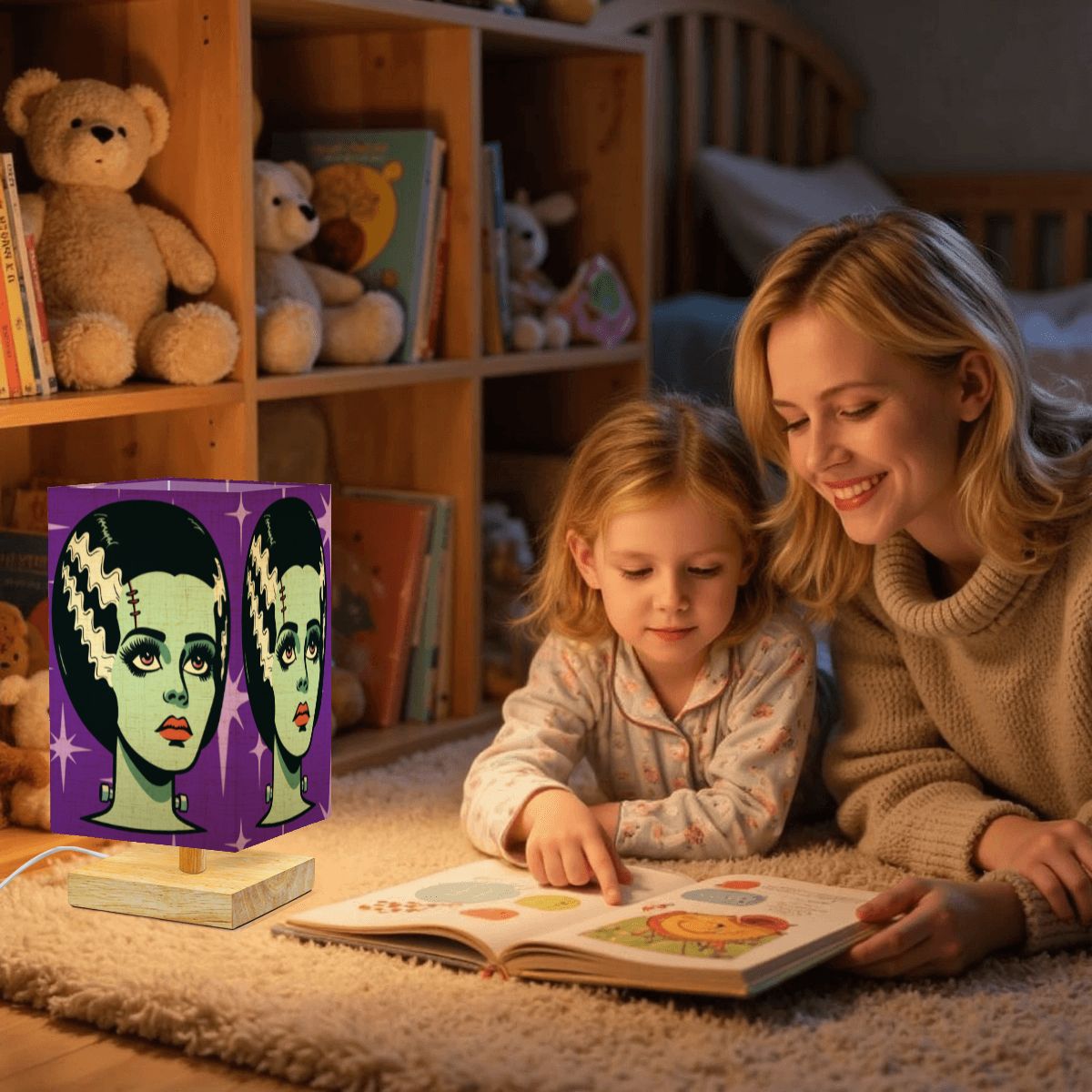 Bride of Frankenstein Retro Mid Mod Horror Buff Purple Halloween Square Table Lamp - Mid Century Modern Gal
