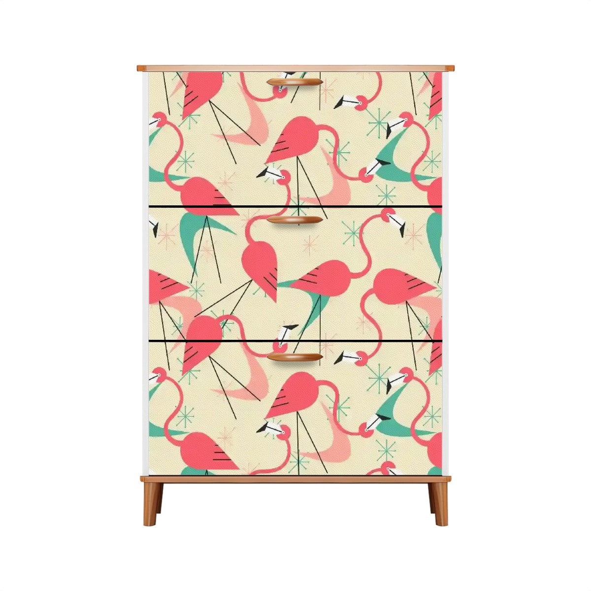 Mid Century Modern Shoe Cabinet Adorned in Kitschy Retro Dance Party Flamingos - Mid Century Modern Gal