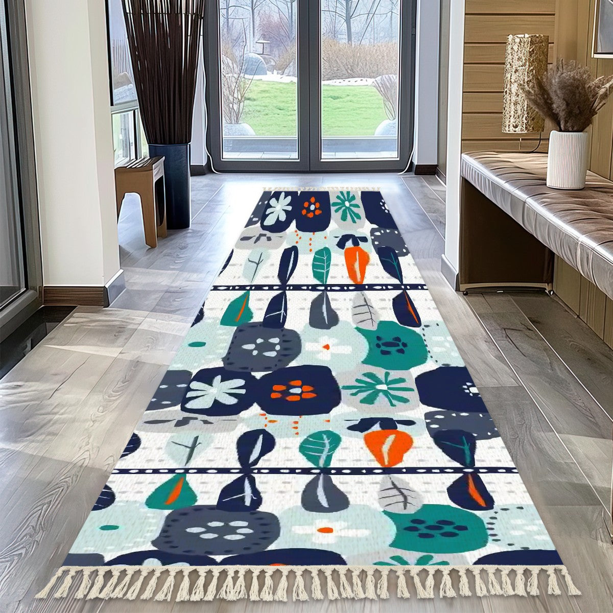 Modern Scandinavian Floral Danish Boho Style, Blue, Orange Teal Floral Runner Rug with Tassels - Mid Century Modern Gal