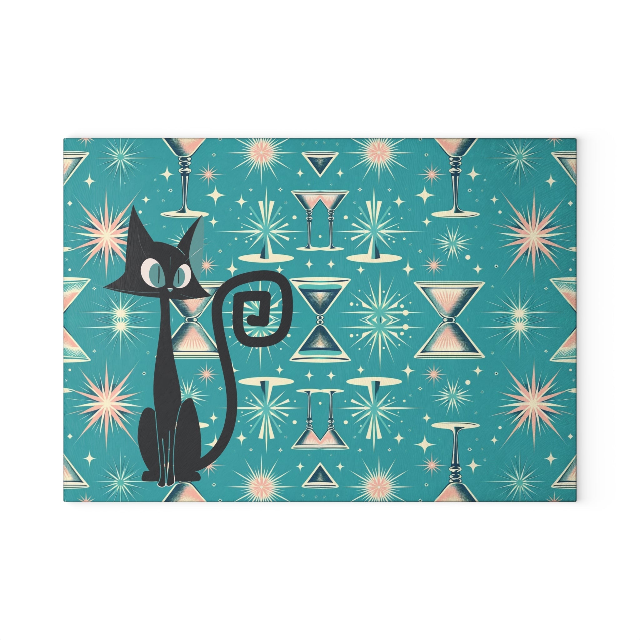 50s Atomic Pink, Teal, Kitchen Atomic Kitty, Quirky Fun Retro Glass Cutting Board, Starbursts, Martini Barware Home Decor 8" x 11" / Rectangle