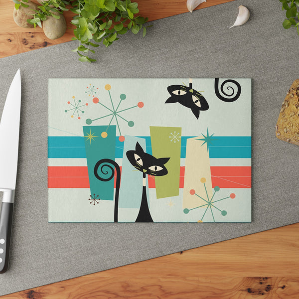 Atomic Kitty Cat, Mid Century Modern Designed Kitschy 50s Kitchen Glass Cutting Board