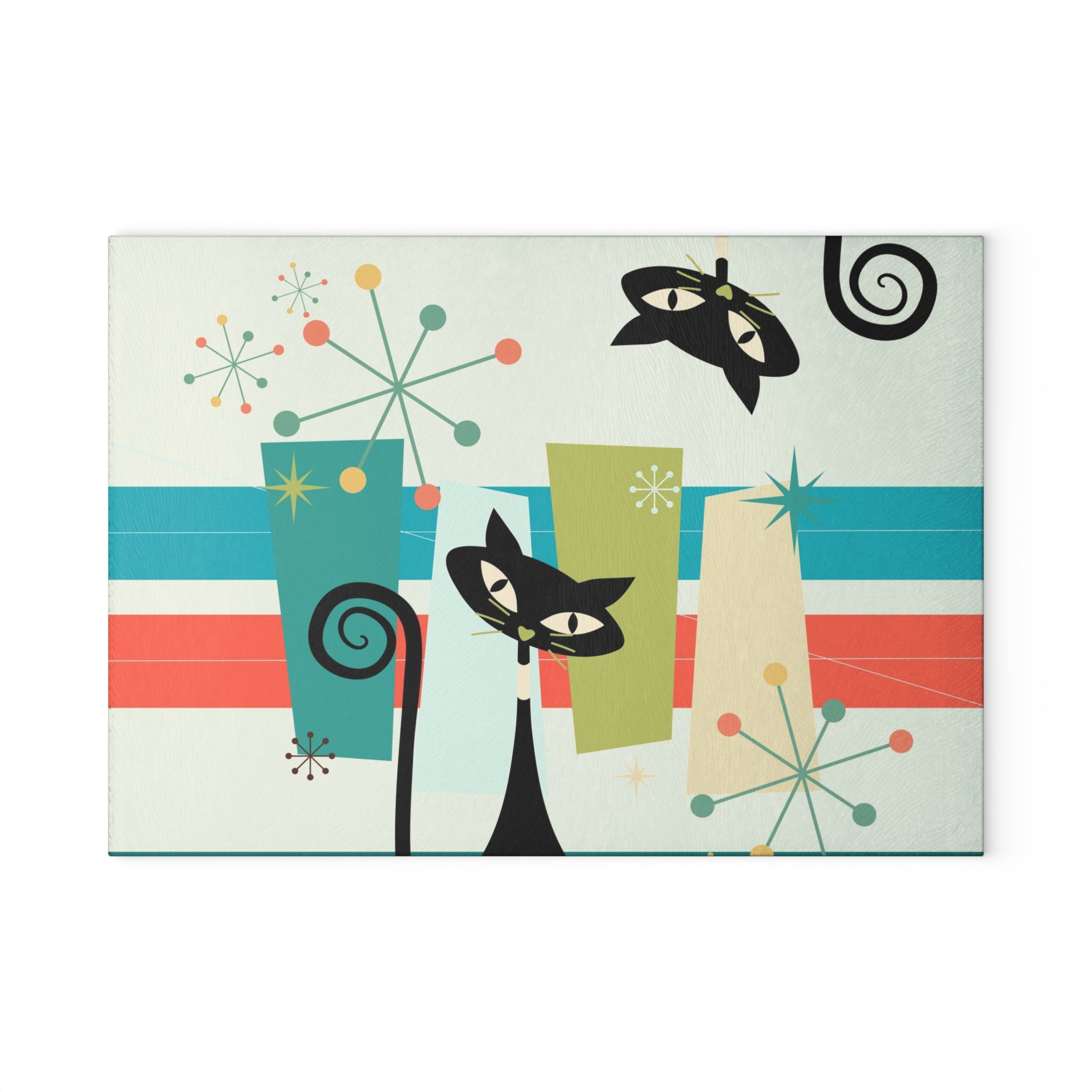 Atomic Kitty Cat, Mid Century Modern Designed Kitschy 50s Kitchen Glass Cutting Board Home Decor 8" x 11" / Rectangle