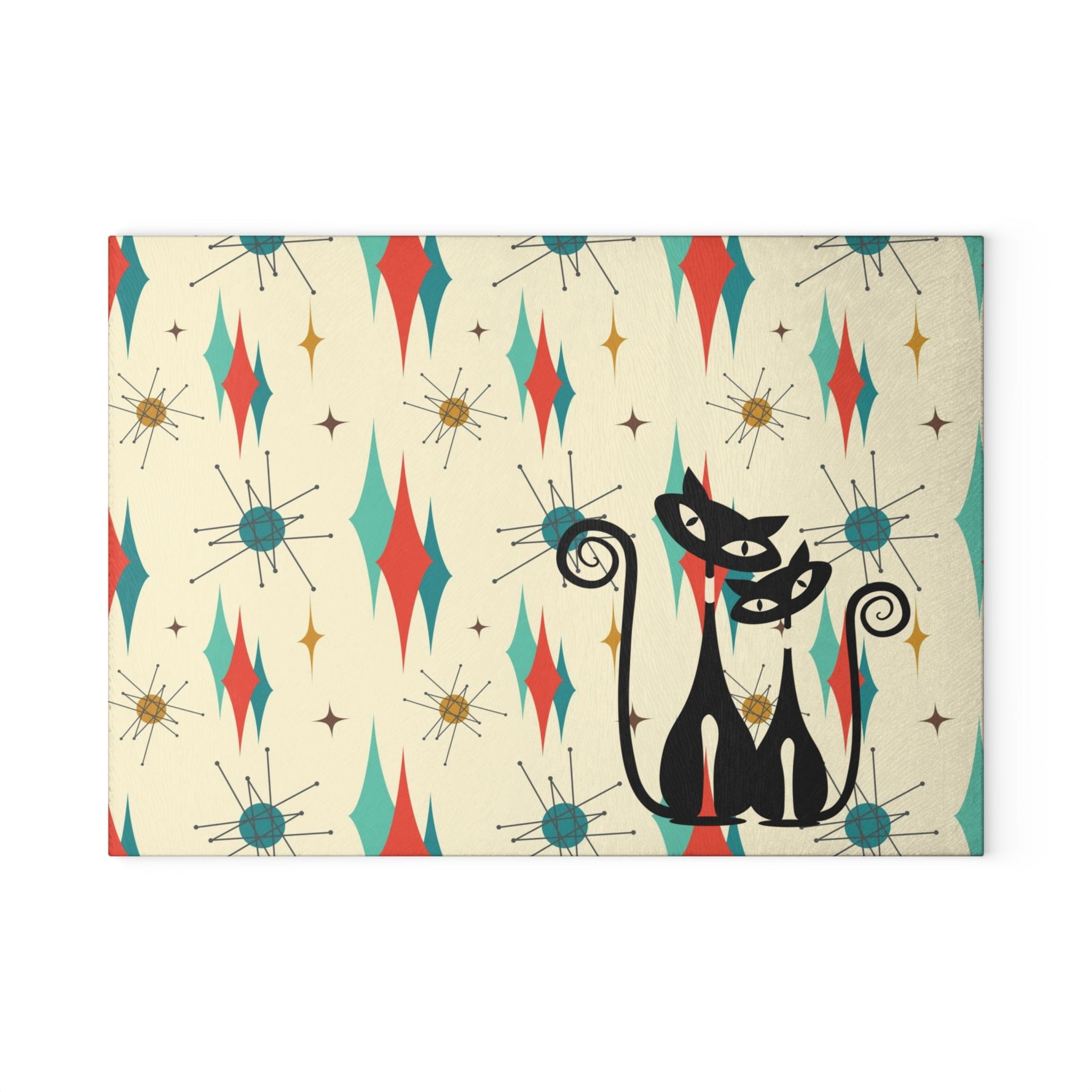 Mid Century Modern Franciscan Starburst, Cool Cats, Retro Couple, Anniversary, Housewarming, Wedding Gift Glass Cutting Board Home Decor 8" x 11" / Rectangle