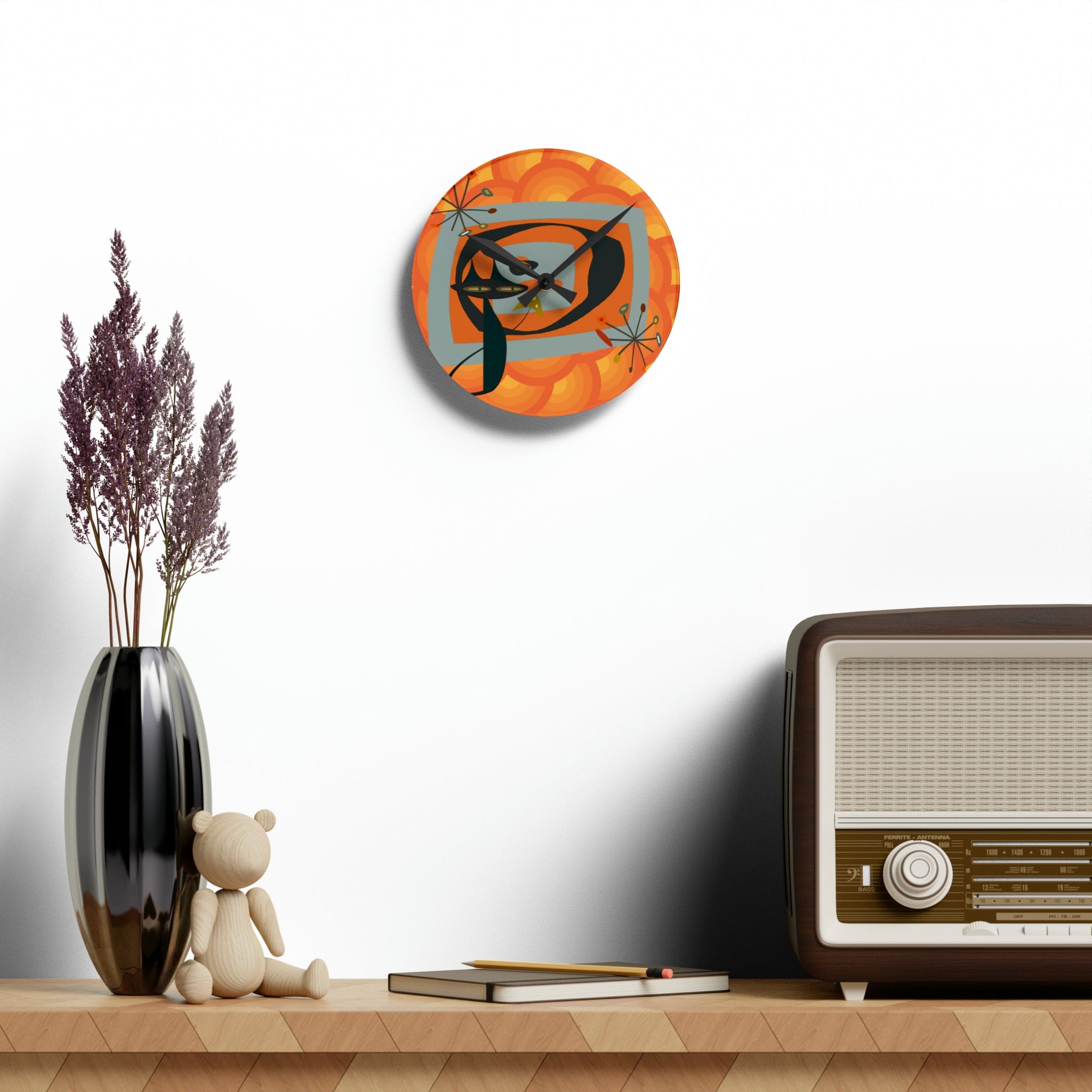 Mid Century Modern Wall Clock, Atomic Kitschy Cat, Orange Groovy Retro Acrylic Wall Clock Home Decor 8&