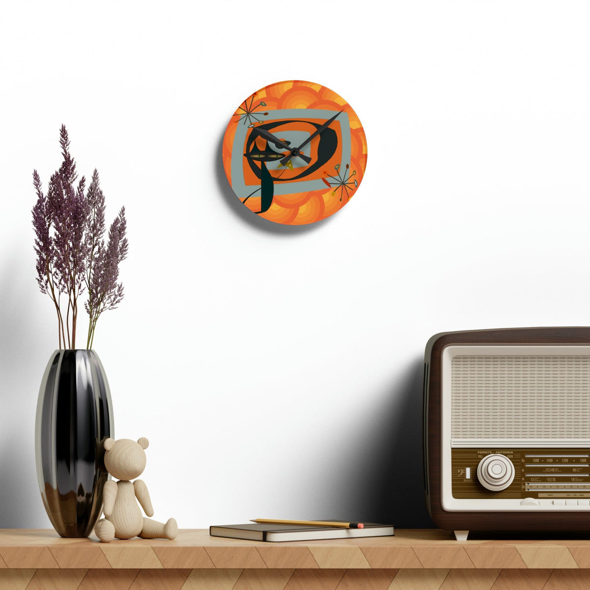 Mid Century Modern Wall Clock, Atomic Kitschy Cat, Orange Groovy Retro Acrylic Wall Clock Home Decor 8'' × 8'' (Round)