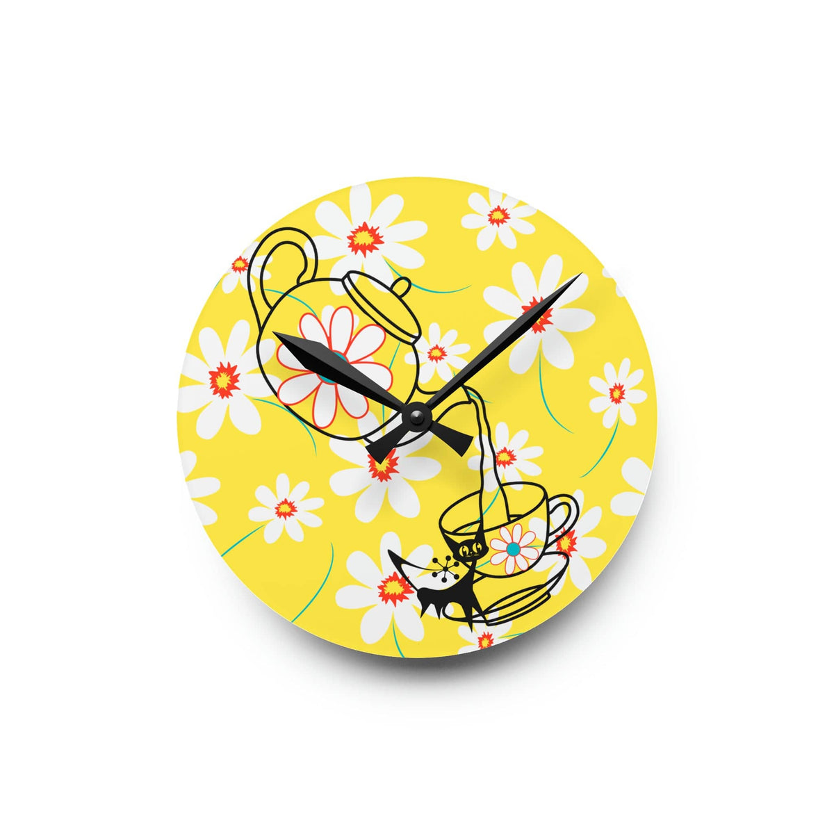 Retro 70's Daisy Kitschy Tea Time Yellow, Aqua, Atomic Mod Cat, Acrylic Wall Clock Home Decor 8'' × 8'' (Round)