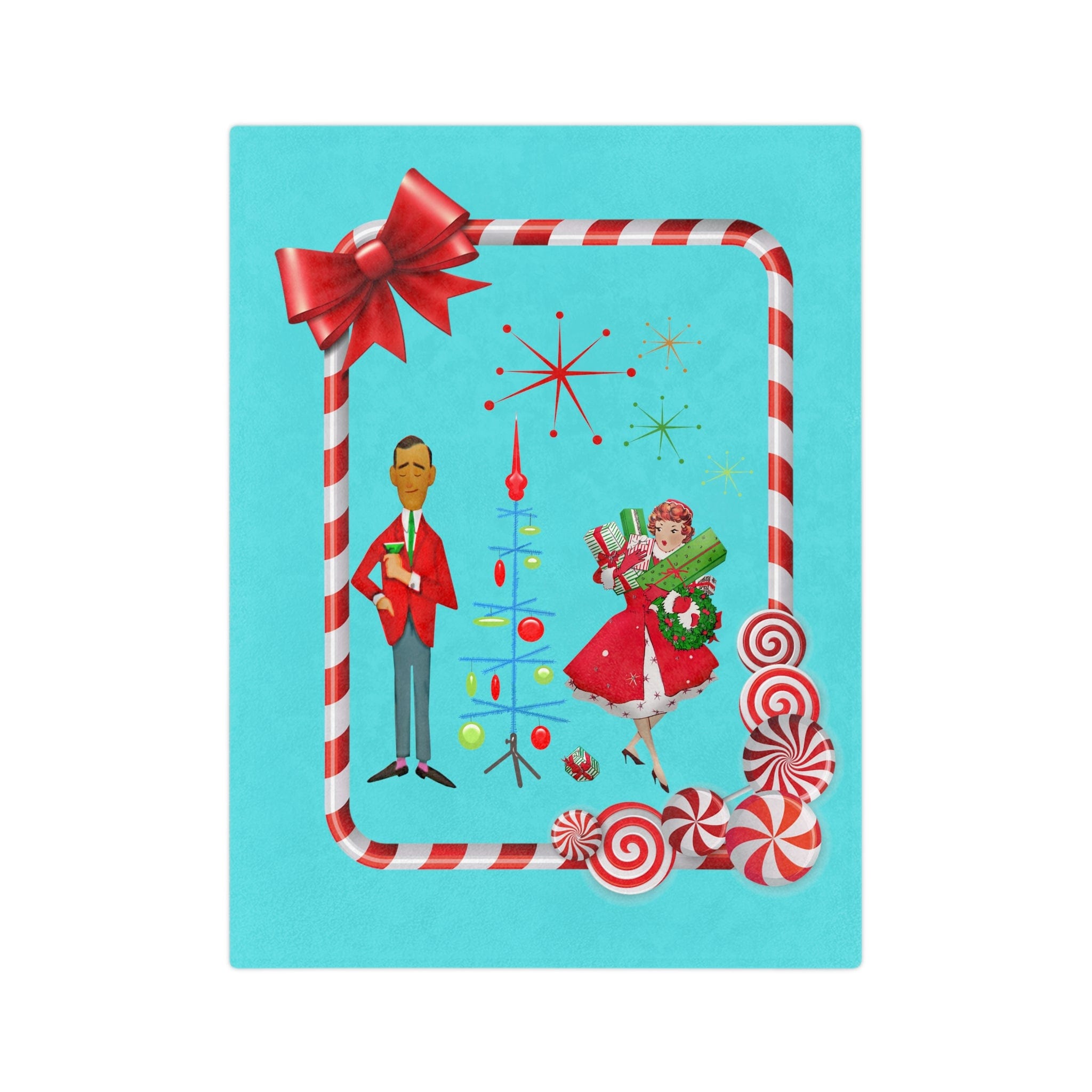 Mid Century Christmas, His And Her, Kitschy Cute, Vintage Mod Aqua Blue, Red, Candy Cane Velveteen Minky Blanket Home Decor 80" × 60"