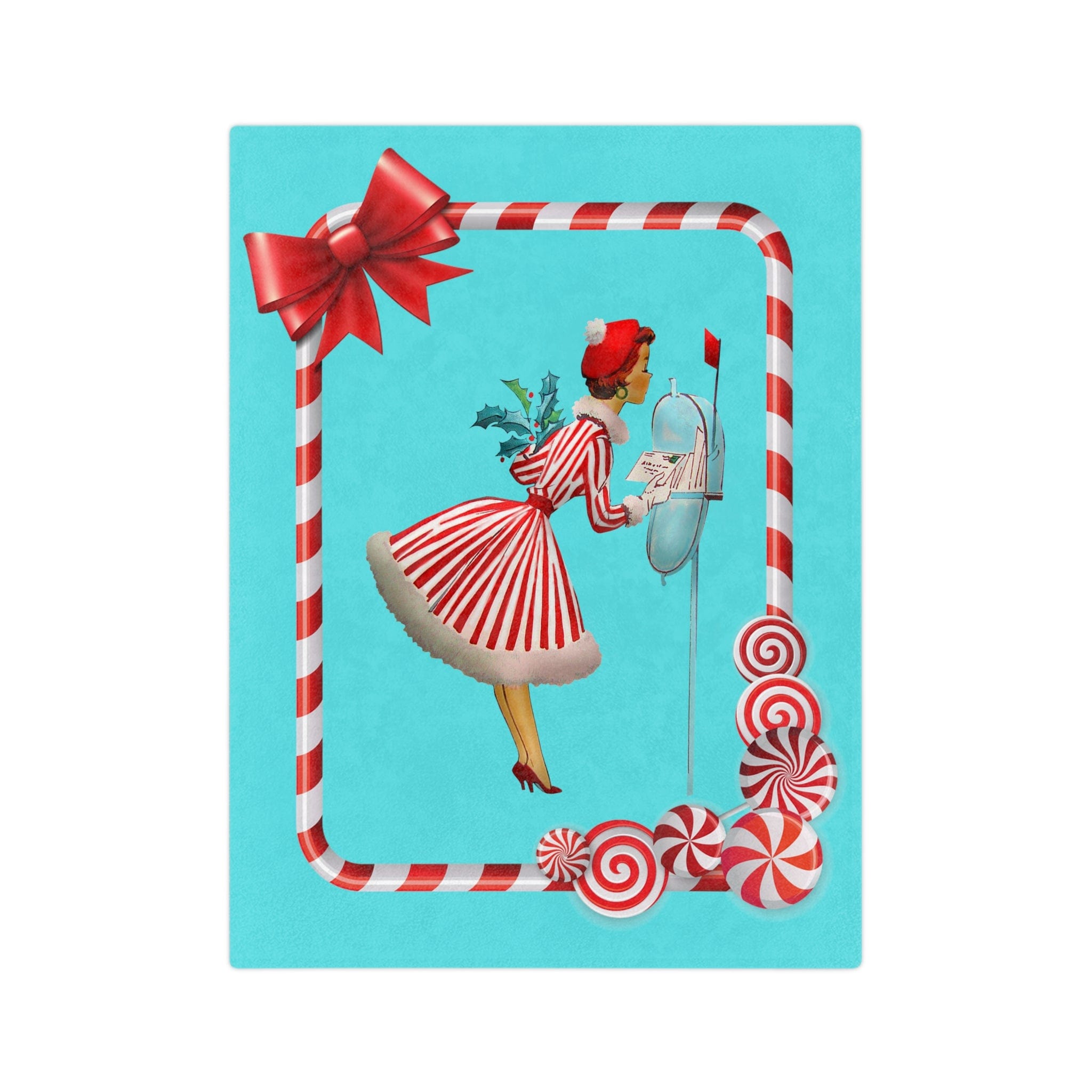 Mid Century Modern, Aqua, Red, Christmas Candy Cane, Kitschy Retro Velveteen Minky Blanket Home Decor 80" × 60"