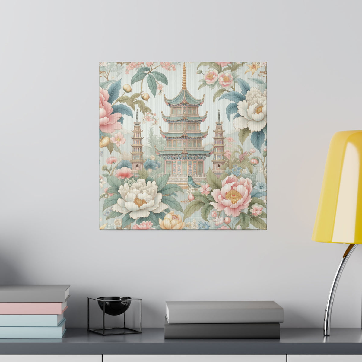 Chinoisere Wall Art, Beautiful Exotic Pagoda, Pastels, Florals, Roses, Blue Birds, Southern Home Style Wall Art - Mid Century Modern Gal