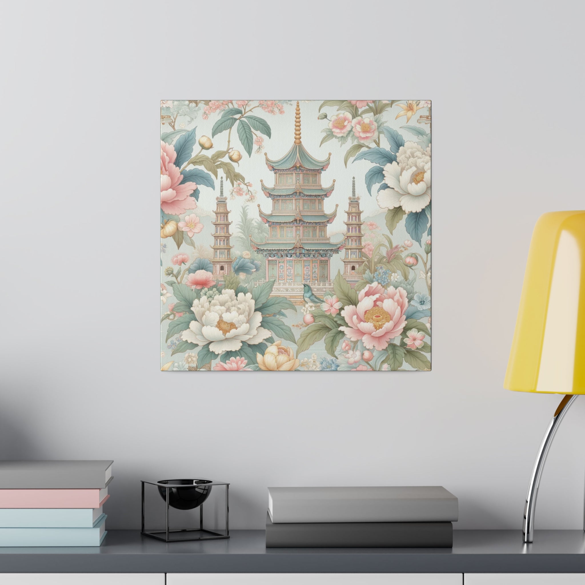 Chinoisere Wall Art, Beautiful Exotic Pagoda, Pastels, Florals, Roses, Blue Birds, Southern Home Style Wall Art - Mid Century Modern Gal