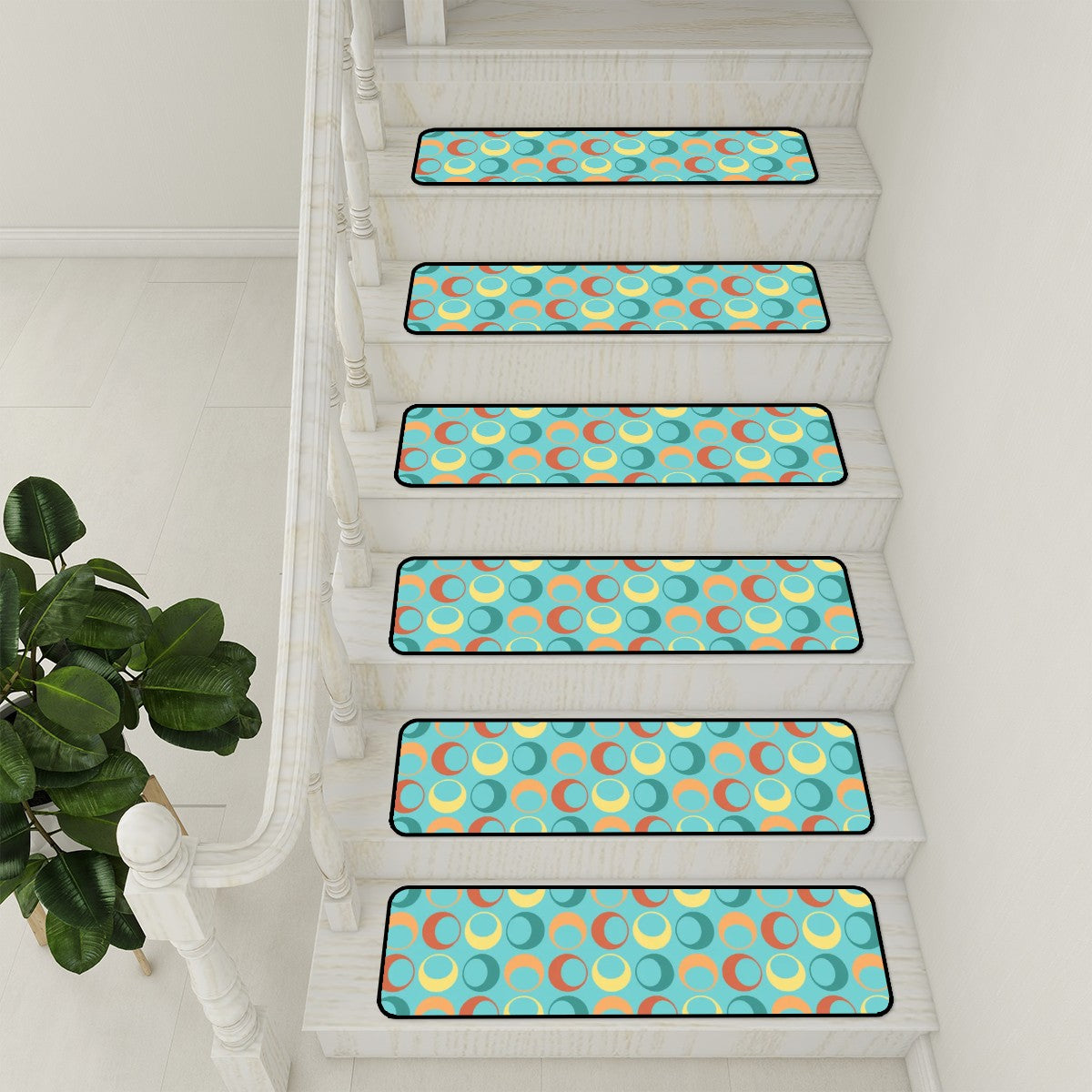 Mid Century Modern Aqua Retro Circles Mod Non Slip Carpet for Stairs Treads - Mid Century Modern Gal