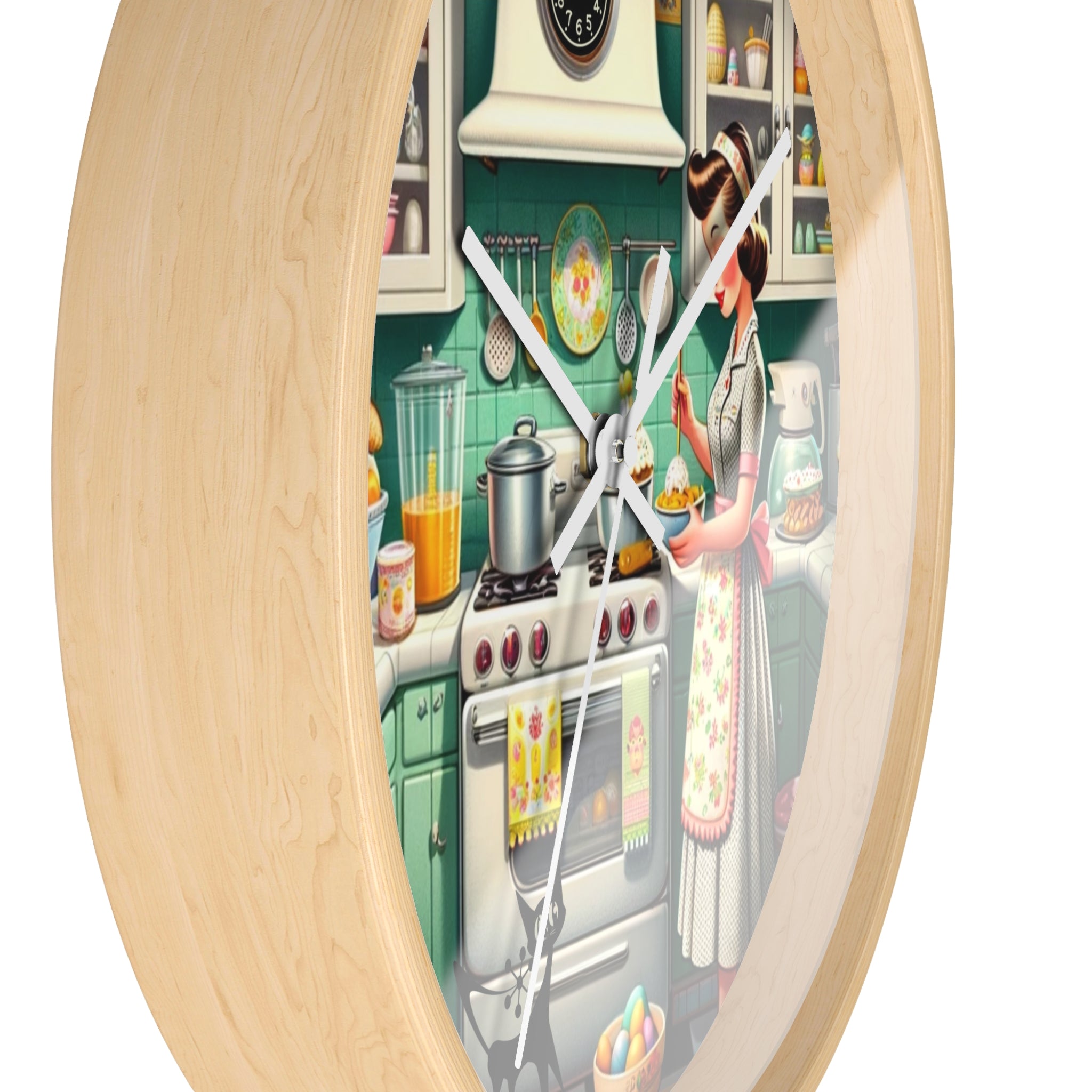 Vintage Kitschy Designed Mid Mod Gal Atomic Cat, Spring Wall Clock with Retro Cooking Design - Mid Century Modern Gal