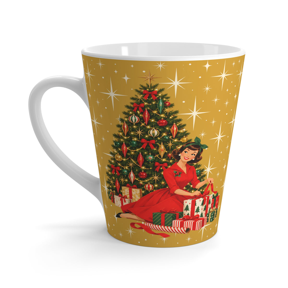 Mid Century Modern Christmas Glamour Gal Wrapping Presents by Tree, Gold Atomic Starbursts Latte Mug
