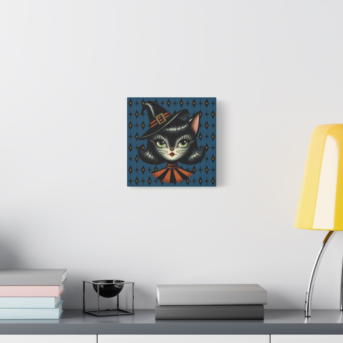 Vintage Halloween Black Cat Sexy Sexton Mid Century Modern Blue Matte Stretched Canvas Wall Art - Mid Century Modern Gal