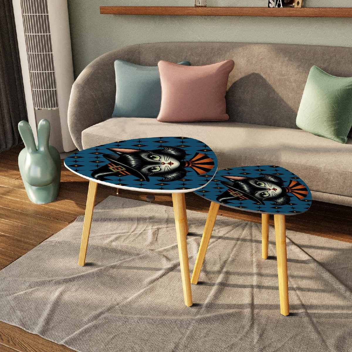 Vintage Halloween Black Cat Sexy Sexton Mid Century Modern Blue Nesting Tables - Mid Century Modern Gal