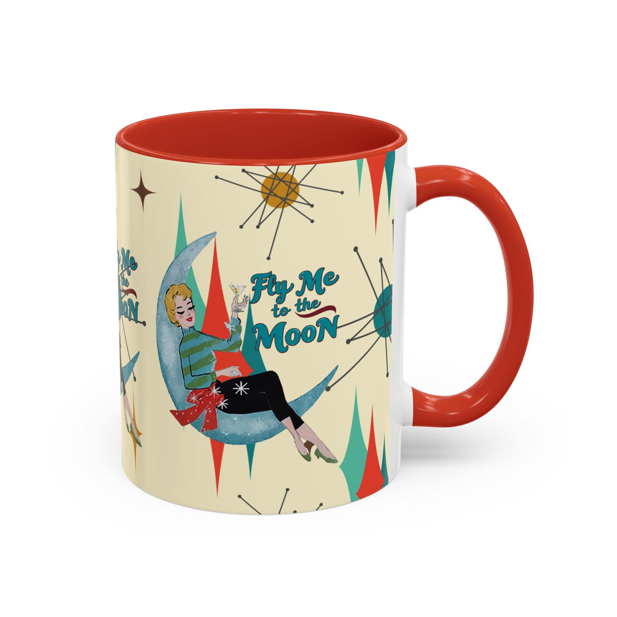 Mid Century Modern Retro Christmas Mug, 'Fly Me to the Moon' Accent Coffee Mug - Vintage Vibe for Coffee Lovers - Mid Century Modern Gal