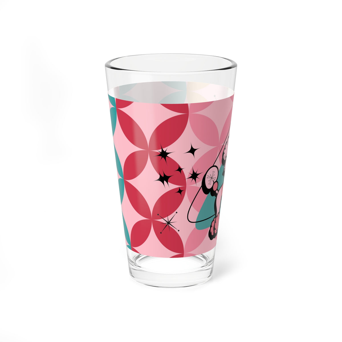 Atomic Cocktail Hour, Mid Mod Pink Poodle Retro Cocktail Mixing Glass - 16oz with Poodle Design - Mid Century Modern Gal