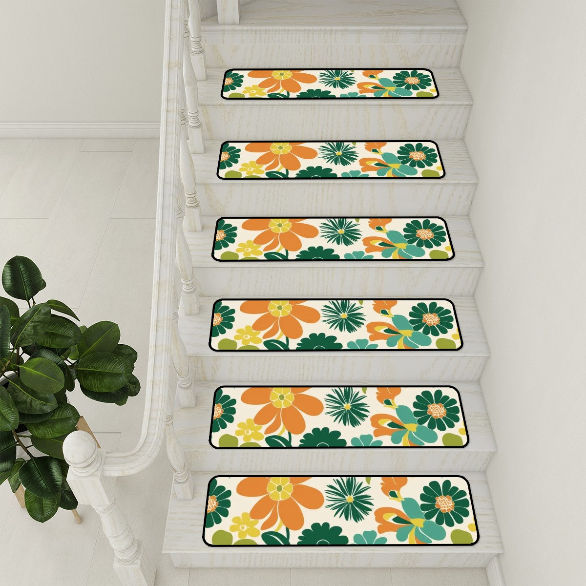 Retro Flower Power 70s Orange, Teal Aqua Floral Non Slip Carpet for Stairs Treads - Mid Century Modern Gal