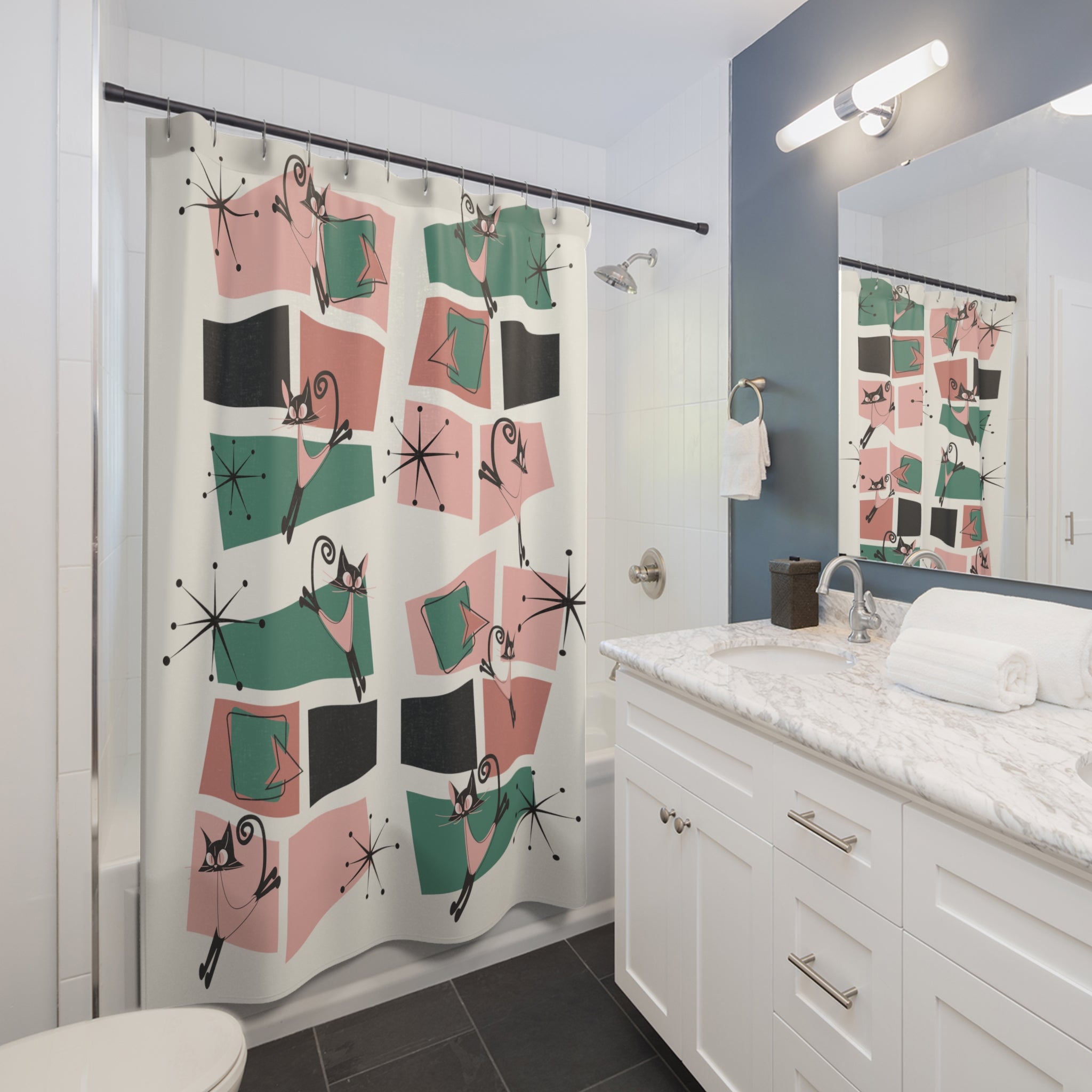 Atomic Cat Shower Curtain Starbursts, Geometric Mid Century Modern Bathroom Decor - Mid Century Modern Gal